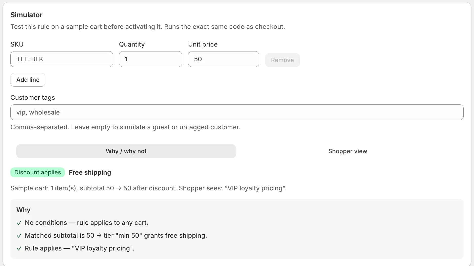 The DiscountForge simulator: a sample cart, the discount that applied, and a checklist of why it matched
